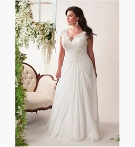 Plus Size Wedding Dresses Cap Sleeve V-neck Applique Chiffon Beach Bridal Gowns - Picture 1 of 9