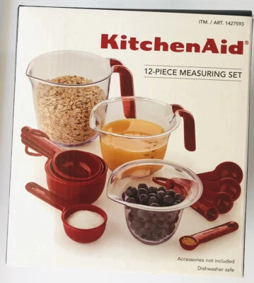 KitchenAid 12 Piece Measuring Cups and Spoons Set Red & Clear Kitchen Aid NEW - Image 1 of 4