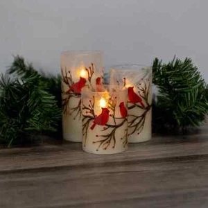 Set of 3 Battery Operated LED Red Cardinals Hurricane Candles - Picture 1 of 3
