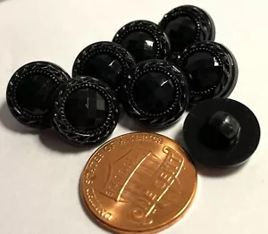 8 Small Fancy Domed Glossy Faceted Black Plastic Shank Buttons 1/2" 12.5mm 13203 - Picture 1 of 4