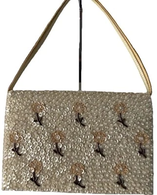 Bolsa de mão vintage floral com miçangas cetim lantejoulas década de 1980 pequena 7x5 - Imagem 1 de 4