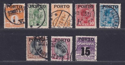 Denmark Scott J1-J7,J38 Used 1921 Postage Due Overprint Set 8 Stamps SCV $76.50 - Image 1 of 2