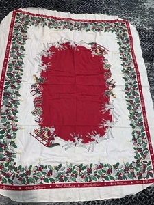 Vintage MidCentury Modern Tablecloth Christmas Santa in Sled Reindeer 53x64 Oval - Picture 1 of 5