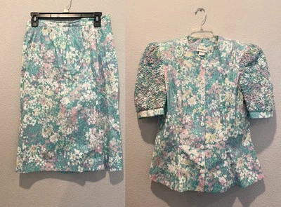 Neiman Marcus Vintage 2 Piece Set Skirt Top  Blue Pink Floral Puff Sleeve Sz 12 - Image 1 of 4