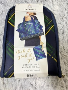 NEW Pure Honey Blue Green Tartan Plaid Convertible Stow-n-Go Bag 17.5x12x5.5 - Picture 1 of 3