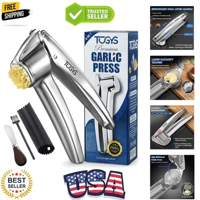 Prensa de ajo de acero inoxidable de alta resistencia - Picadora de ajo de grado profesional y cru Foto 1 de 4