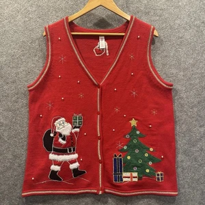 Women Holiday Editions Size XL/XG Red Knit Santa Christmas Vest Tree Embroidered - Picture 1 of 22