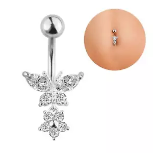 14G CZ Butterfly Flower Belly Button Ring Surgical Steel Navel Piercing Jewelry - Picture 1 of 4