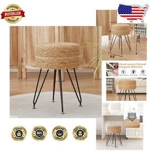 Elegant Round Seagrass Footstool with Soft Foam and Metal Support - 18.65" High - Picture 1 of 11