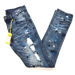 M.Society Men's Size 32X32 Stretch Skinny Fit Dark Blue Denim Distressed Jeans - Picture 1 of 13