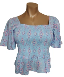 Simply Southern Women Shirred Blouse Blue Aztec size XL Elastic Bust #SMR - Picture 1 of 3