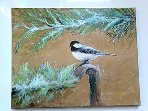 CHICKADEE IN THE SNOW New 14x11 Original Oil Canvas Artist Klein - Picture 1 of 5