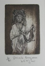 JAMES WIGLEY AUSTRALIAN ETCHING "ABORIGINAL GIRL WITH BUNGARA GOANNA" C 1980