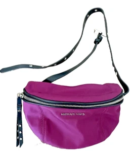 Michael Kors Fanny Bag Purple Waist Pack Nylon Black Leather Belt Grommets Purse - Picture 1 of 11