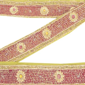 Sanskriti Vintage 1 Yd Sari Border Hand Bead Red & Green Zardozi Gota Patti Trim - Picture 1 of 6