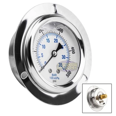 2.5" Liquid Filled Pressure Gauge 0-500 PSI 1/4" NPT CBM Panel Flush Mount - Image 1 of 4