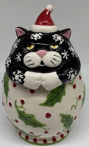 Weihnachten Katze Keksdose Leckerli Glas Keramik 10" Stechpalme Schneeflocken Dicke Katze - Bild 1 von 12