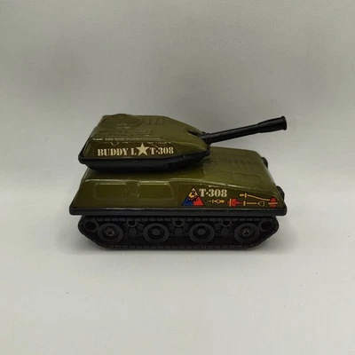 Vintage Tin 1980 Buddy L Army Military Tank Swivel T308 Metal Japan Green 4" Toy - Image 1 of 4