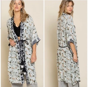 POL Floral Duster Kimono Tassel Tie Animal Print Boho Indie Hippie Size M - Picture 1 of 6
