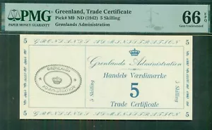 CERTIFICADO COMERCIAL DE GREENLANDIA (1942), 5 habilidades, selección #M9 ND PMG grado 66 gema sin circular - Imagen 1 de 2