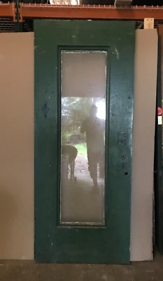 Porta externa vintage antiga de madeira antiga 36x88 faixa de vidro grande verde 1157-23B - Imagem 1 de 4