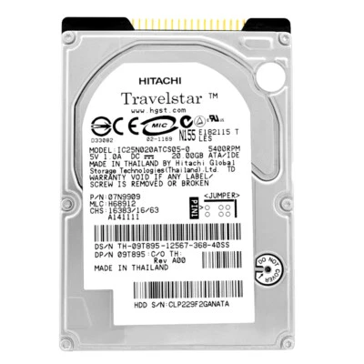 Hard Drive Hitachi 20GB IC25N020ATCS05-0 2MB Cache 5400RPM ATA-100 IDE 2.5" Inch - Image 1 of 4
