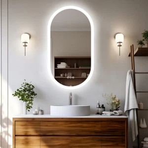 Oval LED Illuminated Bathroom Mirror Wall Mounted Mirror Demister Sensor Touch - Picture 1 of 14