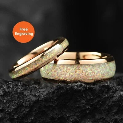 Пара обручальных колец из розового золота с огненным опалом — вольфрамовые кольца для него и нее, Великобритания - Изображение 1 из 4