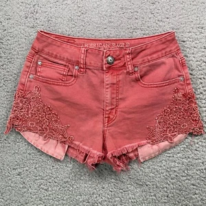 American Eagle Stretch Hi Rise Festival Shortie Pink Coral Lace Shorts Size 0 - Picture 1 of 12