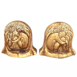 c 1923-32 coppia fermalibri vintage art deco ceramica calco americana Adamo ed Eva marrone chiaro - Foto 1 di 16