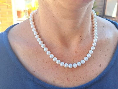 collana di perle naturali 8mm, vere perle di fiume bianche chiusura argento 925  - Immagine 1 di 3