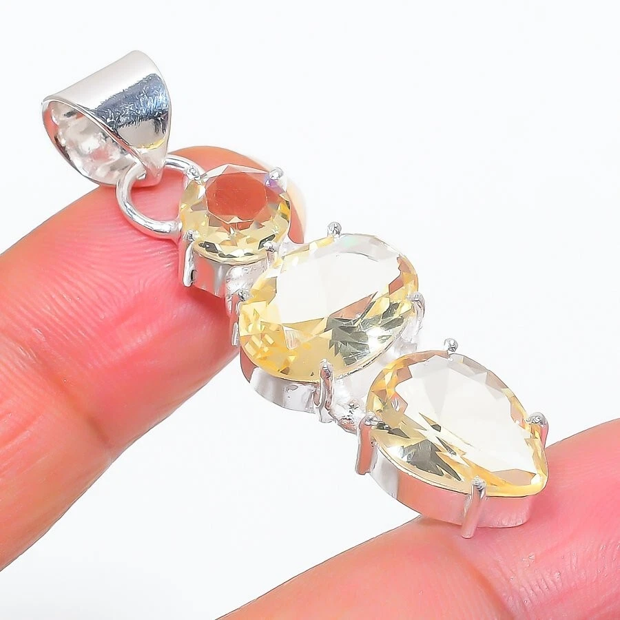 Colgante de plata de ley 925 hecho a mano con piedras preciosas de cuarzo limón tamaño 1,75"" Foto 1 de 1