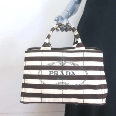 Bolso Bandolera Prada Rayas Canapa Lona Mediano Marfil y Marrón Oscuro Foto 1 de 4