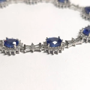 Oval Sapphire & White Zircon Halo 925 Sterling Silver Bracelet 7.5 Inches - Picture 1 of 9