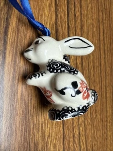 Polish Pottery Xmas Ornament Bunny With Blue Ribbon 2-3/8”x2” - Picture 1 of 5