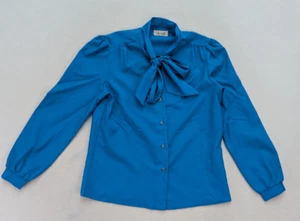 Vintage 70s Women's Blouse Size 10 Blue Rhoda Lee Pussy Bow - Picture 1 of 12