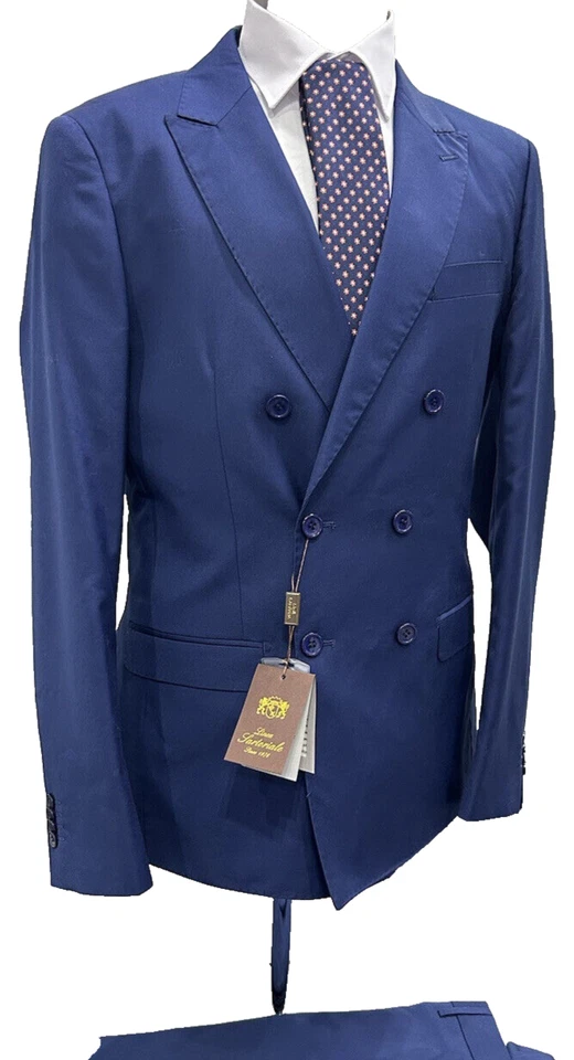 Traje de hombre a medida de doble botonadura azul lana caída 7 46 48 50 52 54 56 58 A/I Foto 1 de 4