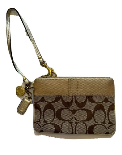 Coach Portafoglio da Polso Borsa Cachi Marrone Jacquard Etichette Metallo Pelle Cinturino Bordo