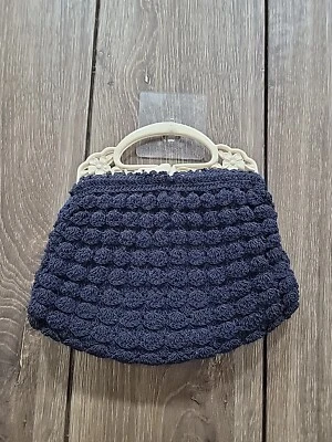 Vintage 1930s Art Deco Black Popcorn Crocheted Purse Bag Figural FLoral Handle - Image 1 of 4