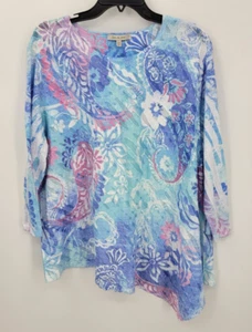 Jess and Jane Top Womens Plus 2X Blue Pink Watercolor Floral Paisley Asymmetric - Picture 1 of 7