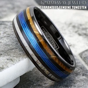 Tungsten Carbide Men's Ring Blue Fishing Line-Whiskey Barrel & Deer Antler Band - Picture 1 of 11