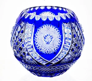 Bohemian / German Crystal Cobalt Blue Cut to Clear Rose Bowl Large - Picture 1 of 4