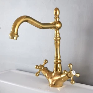 Grifos de fregadero de baño dorados pulidos con doble manija grifo de cocina frío caliente - Imagen 1 de 9