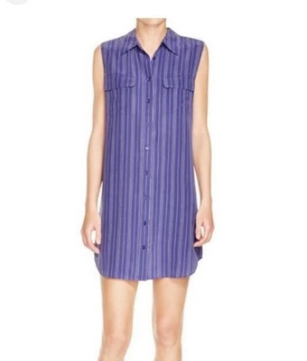Nuevo Equipo Mujer Seda Sin Mangas Botón Camisa Vestido Azul Rayas S $219 Foto 1 de 4