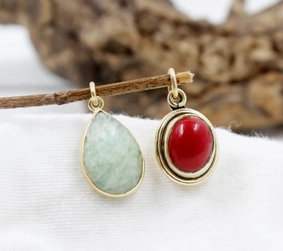 Ciondolo combinato amazzonite e corallo rosso placcato oro gioielli in argent... - Immagine 1 di 3
