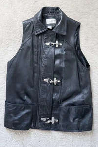 Biker Vest Genuine Black Leather Jacket with Chrome Hooks US Men Size: S - Picture 1 of 7