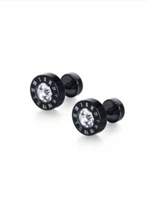 1pair Mens Black Stud Cubic Zirconia Round Decor Stainless Steel Earrings Gift - Picture 1 of 5