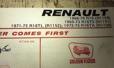 1968  - 1973 RENAULT R16    - GOLDEN FLEECE Australia LUBE Chart - image 1 of 3