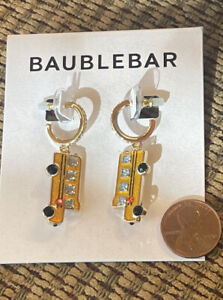 New Baublebar Gold Tone Back To School Bus Hoop Drop Earrings Crystal Accents