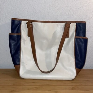 Vintage Coach Est.1941 Color Block White Navy Blue Tan Leather Tote Hand Bag - Picture 1 of 9